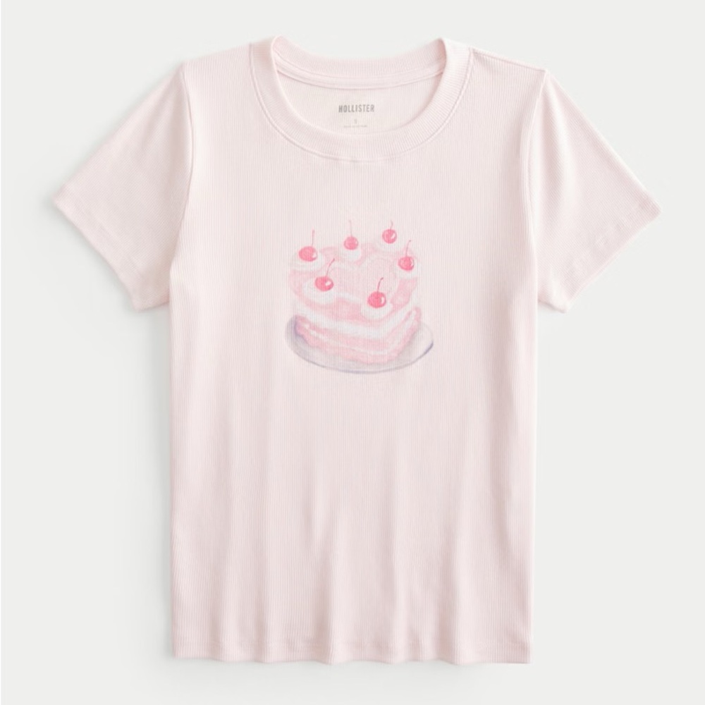 Hollister Pink Ribbed Baby Tee Heart Cake Graphic Slim Fit XS NWT